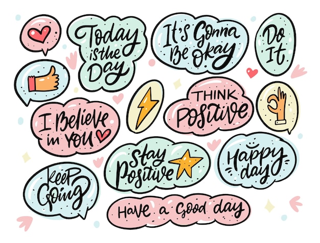 Vector positive doodles phrases set