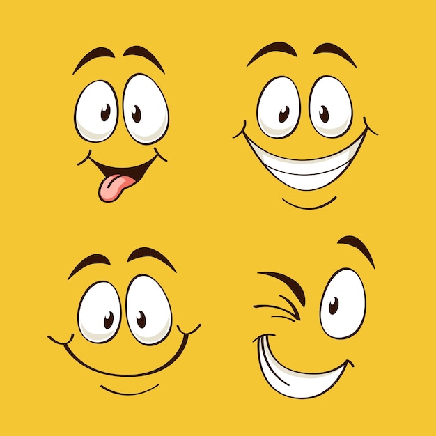 Emozioni positive facce felici su sfondo giallo fumetti occhi sopracciglia e bocca poster quadrati o carte collezione emoji online emoticon design espressioni divertenti vettore cartone animato insieme isolato