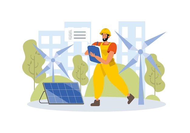 positive engineer records work on solar panels and windmills ecological power generation environment conservation resource usage of green energy vector