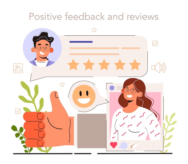 Vettore feedback positivo e recensioni sulla guida del gestore dei contenuti dei social media