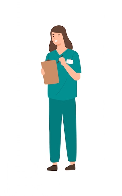 Positive female doctor holding clipboard and pen  on white.