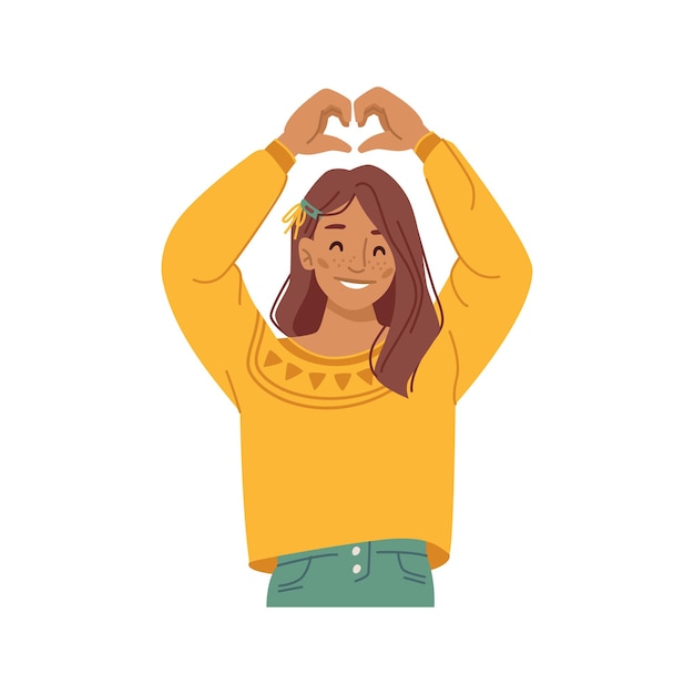 Vector positive girl kid geaturing showing heart sign