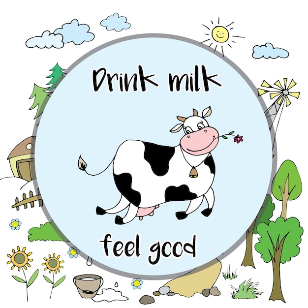 Positive happy cow with milk funny cartoon farm background vector illustration