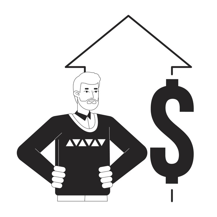Vector positive man income growth bw concept vector spot illustration businessman 2d cartoon flat line monochromatic on white for web ui design editable isolated color hero image