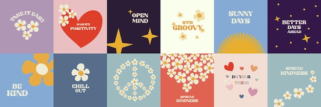 Positive motivation cards design in groovy style with heart flower symbols