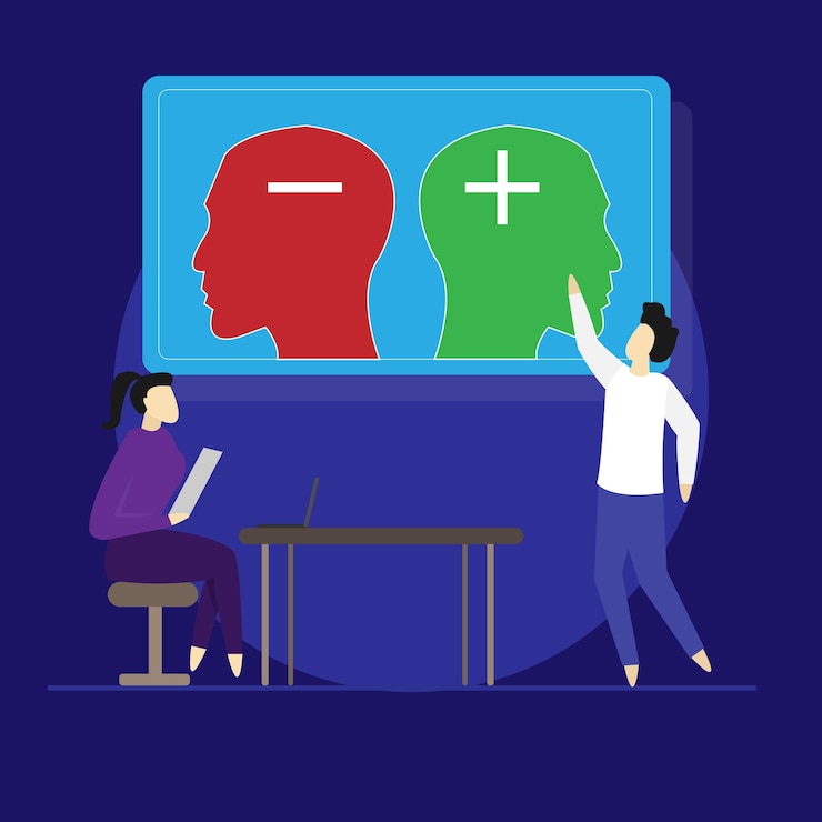 Vector positive and negative thinking business person choosing positive mind with good vibes for great