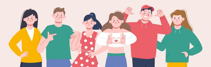 Vector 긍정적 인 사람들 그룹 친구들 미소 짓고 포옹하는 환호 사회 행복한 평평한 학생 초상화 동료 지역 사회 우정 화려한 터 장면