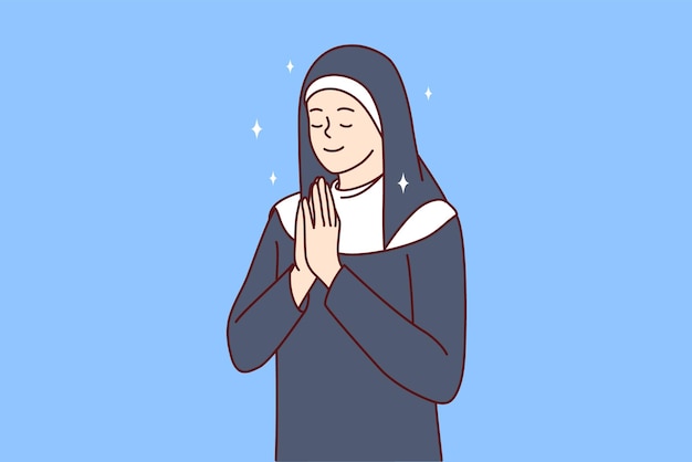 눈을 감고 기도하는 가톨릭 수녀의 옷을 입은 긍정적인 여성 벡터 이미지