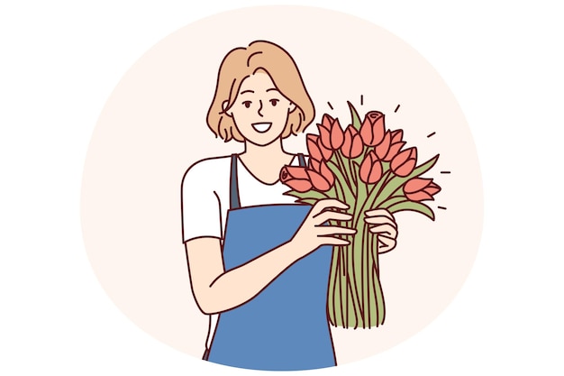 Vector positive woman flower seller stands with luxurious bouquet and smiling looks at camera