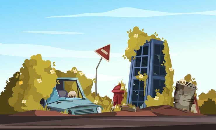 Vector post apocalypse cartoon composition with broken car near bent sign road closed and destroyed phone booth