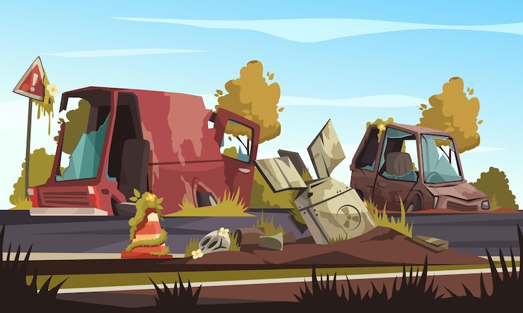 Vector post apocalypse  with  destroyed cars on road after military action cartoon