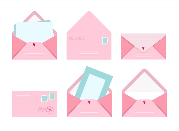 Vector post card and envelope set, illustration postal letters with greeting card and post stamps, cute pink collection of love and friendship letter designs