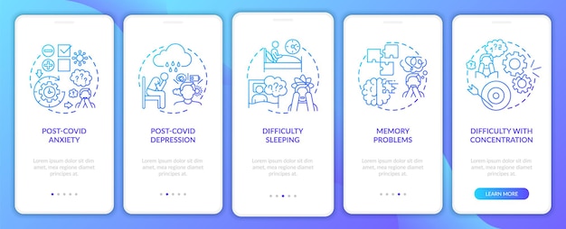 코 비드 후 증후군 및 정신 건강 온 보딩 모바일 앱 페이지 화면. 메모리 문제는 5 단계로 진행됩니다. Rgb 색상 삽화가있는 Ui 템플릿