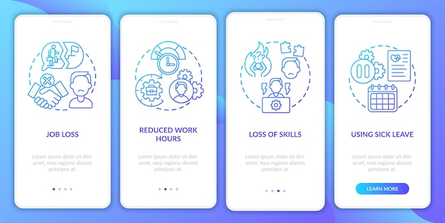 Post covid syndrome and employment onboarding mobile app page screen with concepts. Loss of skills walkthrough 5 steps . UI  template with RGB color illustrations