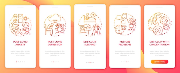 Sindrome post-covid e schermata della pagina dell'app mobile onboarding per la salute mentale con concetti. difficoltà a dormire procedura dettagliata 5 passaggi istruzioni grafiche. modello di interfaccia utente con illustrazioni a colori rgb