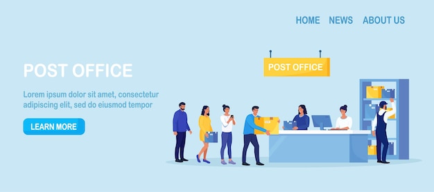 Vector post delivery office postman giving parcel to customer in postal department people stand in queue on reception desk with postal worker giving mail package correspondence delivery service postage