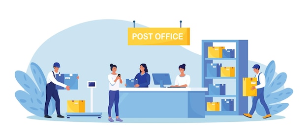 Vettore ufficio di consegna postale con reception postino consegna scatola di cartone al cliente nel reparto postale postale corriere scatole trasporto spedizione pacchi consegna corrispondenza servizio logistico