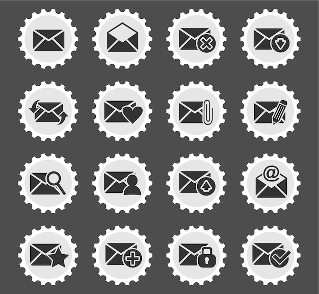 Post- en enveloppictogrammen op gestileerde ronde postzegels