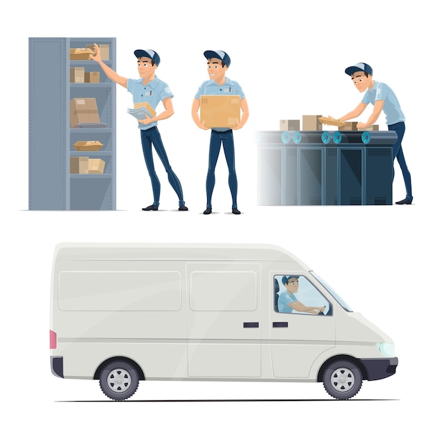 Post mail service vector iconen met postbode