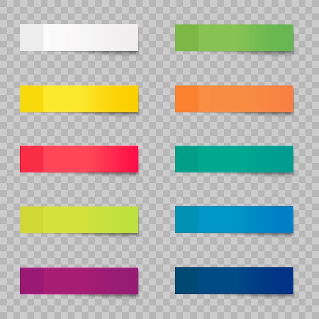 Наклейки для заметок изолированы на прозрачном фоне. Векторные цветные липкие ленты с теневым шаблоном Eps10.