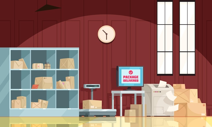 Vector post office interior with delivered packages storage parcel on scales declarations falling from printer cartoon illustration