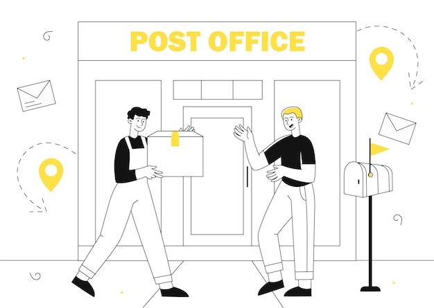 Post office line concept man with postal service young guy with parcel and box with envelope message