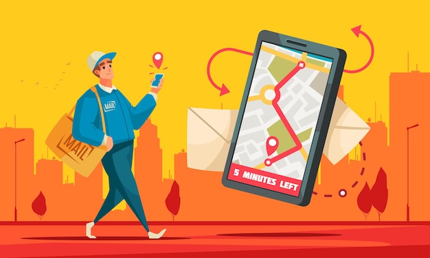 Post office mail delivery service cartoon composition postman displaying recipients location on smartphone screen illustration