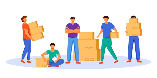 Vector post office male workers and loaders flat color illustration. men distribute packages. post service delivery. boxes and parcels transportation isolated cartoon character on white background