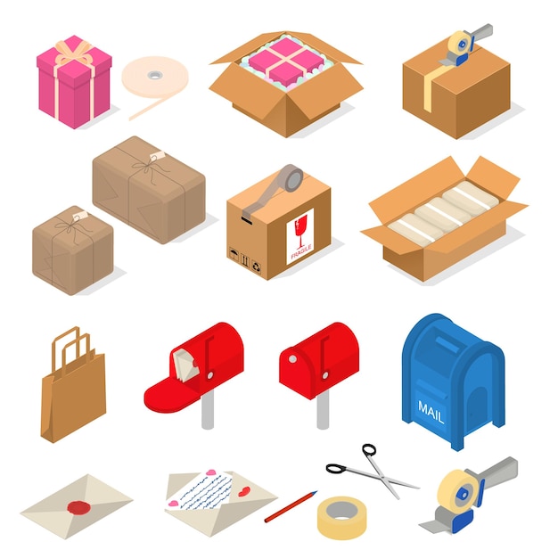 Post Office Packing Sign 3d Icon Set Isometric View Include of Parcel Letter Carton and Mailbox Vector illustration of Icons