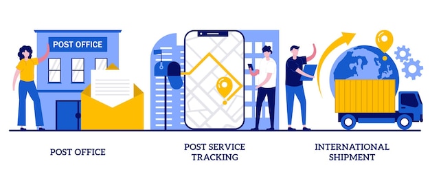 Post office, post service tracking, international shipment concept with tiny people. Post shipment system, online tracking app, letters and parcels delivery abstract vector illustration set.