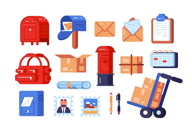 ベクトル 郵便局のシンボル セット ベクトル イラスト構成は、さまざまな郵便ポスト封筒小包ボックスと切手フラット スタイルのコンセプトで構成されています白で隔離
