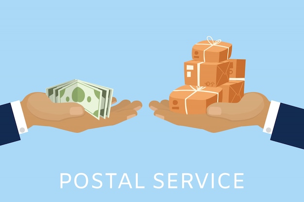 Vettore servizio postale e concetto di consegna dei pacchi per soldi con le mani del postino e pagare con l'illustrazione del fumetto dei dollari in contanti.