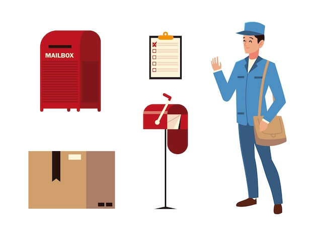 Vector post service postman mailbox clipboard and cardboard box icons