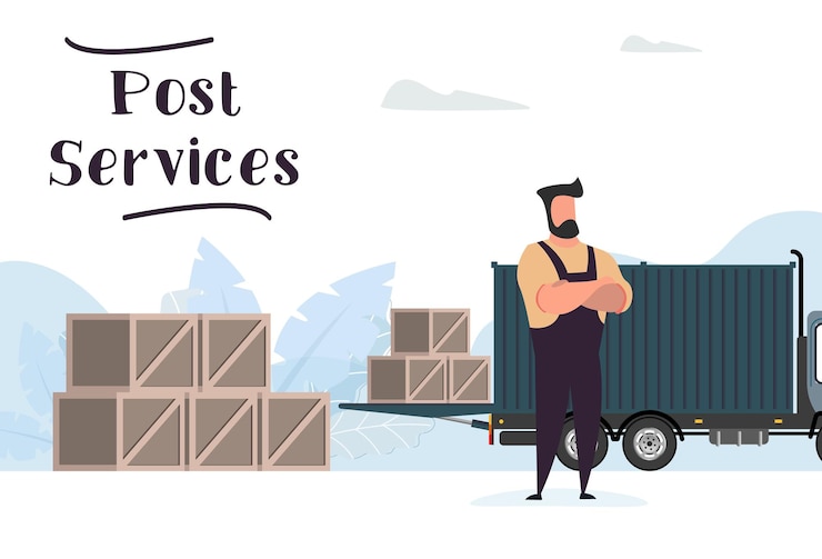 Vector post services man near cargo and lorry