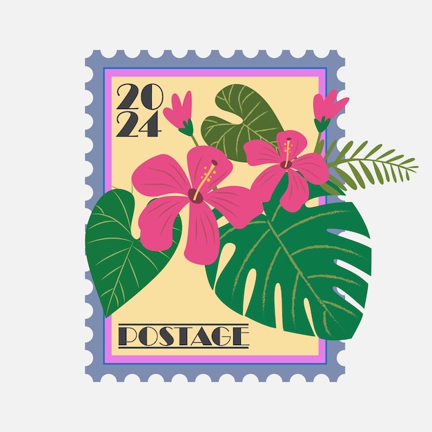 Premium Vector Post stamp 2024 with flowers
