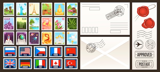 Post stamps  illustrations, cartoon  postal collection of postage stamps, country of the world, vintage travel or nature labels