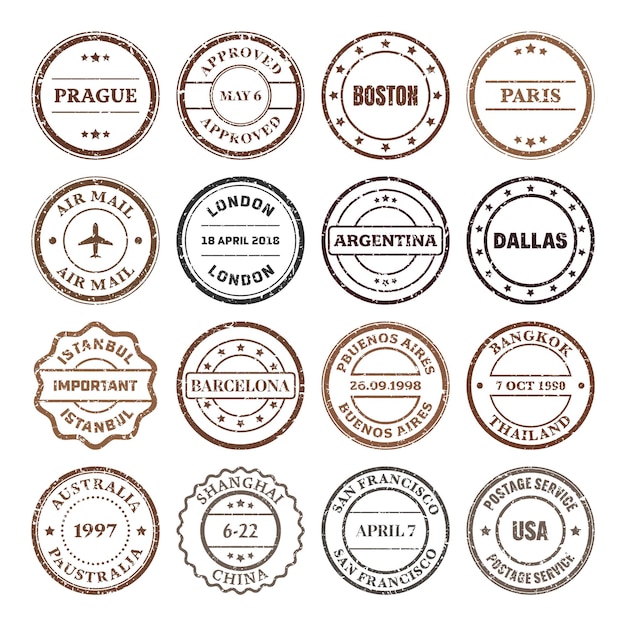 Vector post stamps labels and badges grunge imprints and postmarks brown vintage circle postcard watermarks