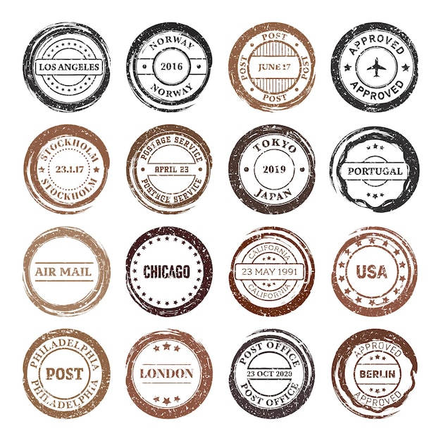 Vector post stamps labels and badges grunge imprints and postmarks brown vintage circle postcard watermarks