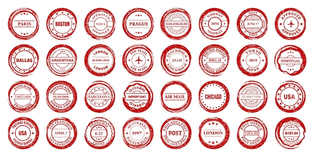 Vector post stamps labels and badges grunge imprints and postmarks red vintage circle postcard watermarks