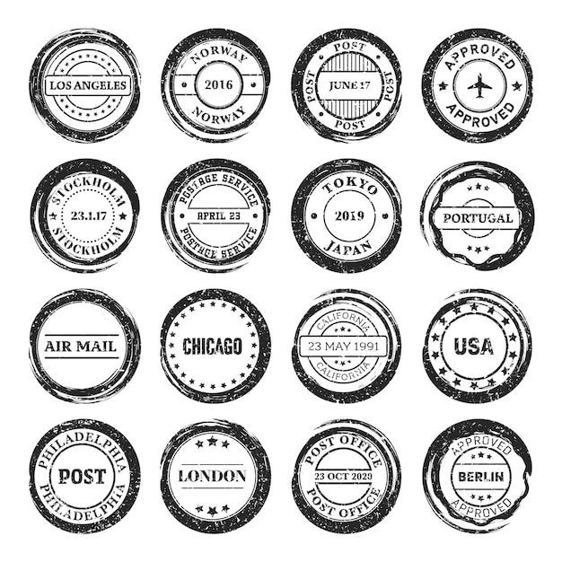 Vector post stamps labels and badges grunge imprints and postmarks vintage circle postcard watermarks used