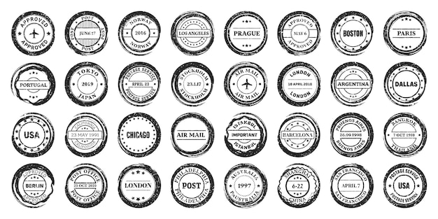 Vector post stamps labels and badges grunge imprints and postmarks vintage circle postcard watermarks used