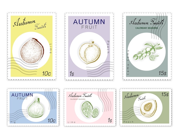 Post Stamps Set of Autumn Fruits with Paper Cut Art