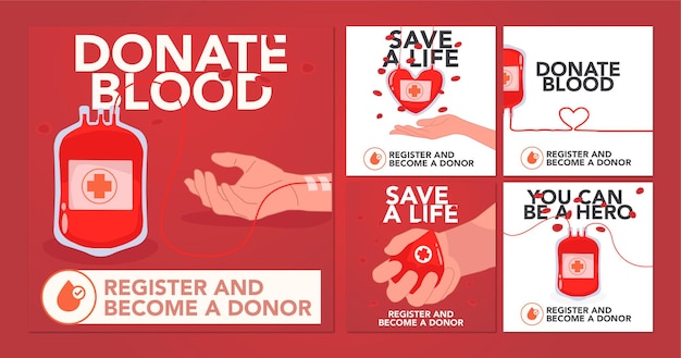 Vettore modello di post con il tema della donazione di sangue con illustrazioni accattivanti