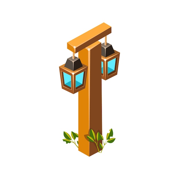 Post With Stylized Lantern Lamps Isometric Garden Landscaping Element