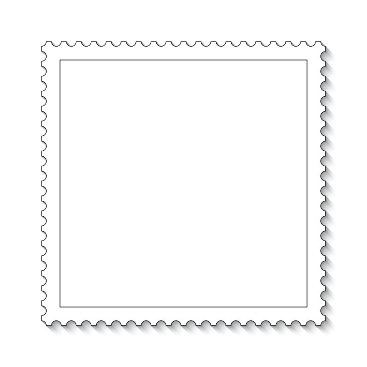 Postage perforated stamp Post label Postal square frame Empty mail stamp White paper postmark