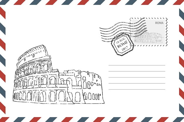 Почтовая оплата ретро конверт с нарисованным рукой Колизеем в Риме. Конверт в стиле гранж с печатью. Векторная иллюстрация