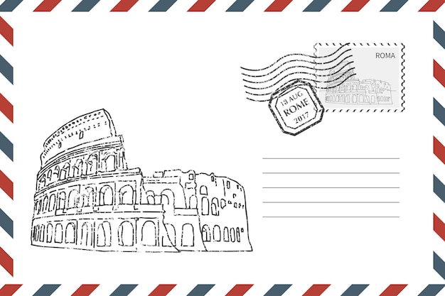 Postage retro envelope with hand drawn coliseum in rome. grunge style envelope with stamp. vector illustration