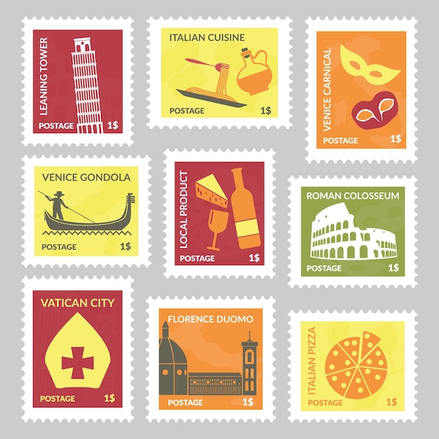 이탈리아 요소와 우표 세트 디자인