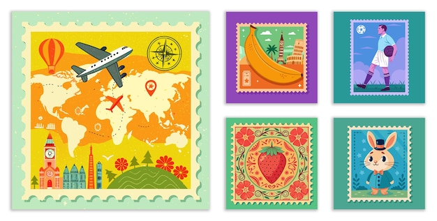 postage stamp set with travel themed stickers
