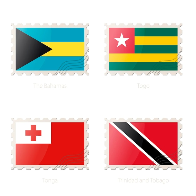 Postage stamp with the image of the bahamas togo tonga trinidad and tobago flag